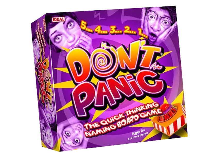 Een opvallende paarse doos van het bordspel Don't Panic met levendige personages en een timer